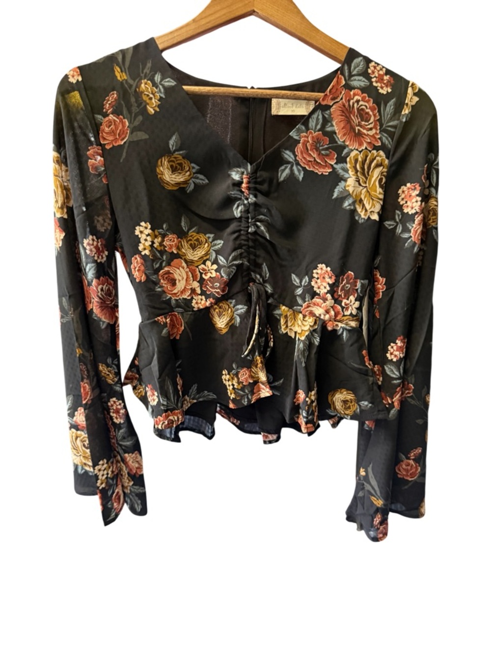 Altar'd State Black Floral Ruched Peplum Blouse